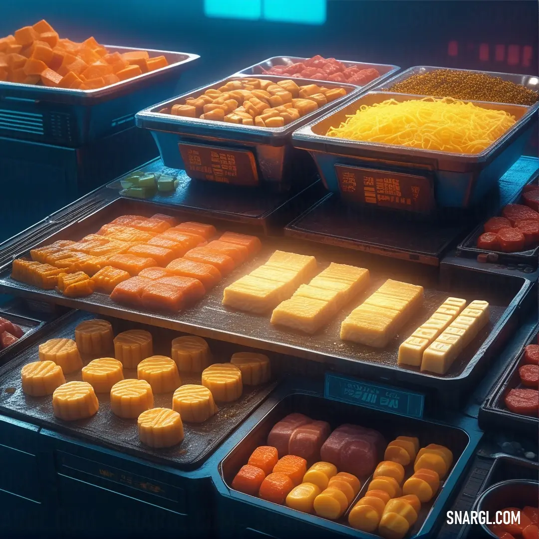 A vibrant and colorful display of various food items arranged neatly on trays. The items are set on a table in a restaurant or store, with a cool blue lighting ambiance that enhances the appetizing colors of the food. The scene is inviting and visually ap