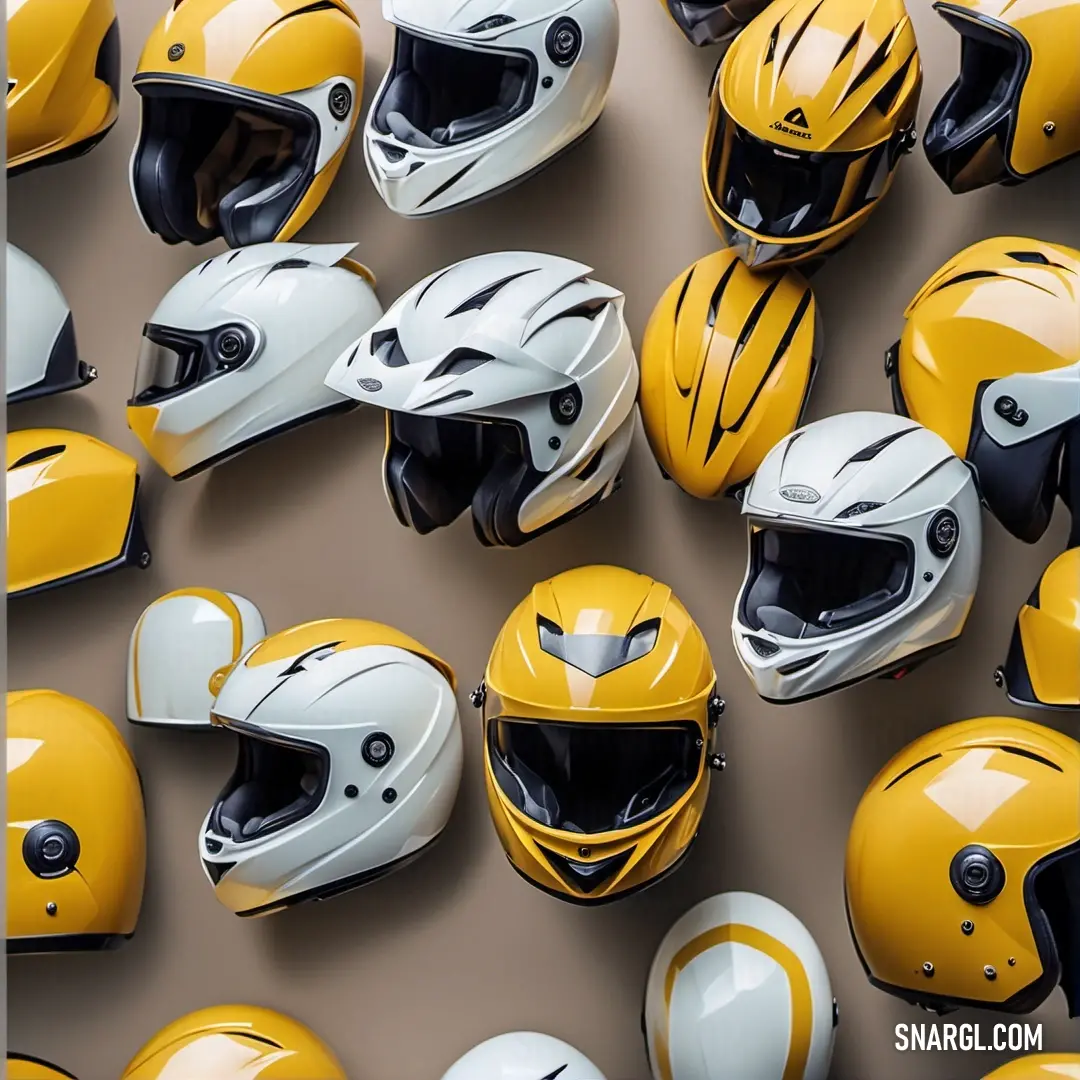 An intriguing assembly of helmets rests elegantly atop a table, surrounded by a warm brown backdrop that enhances their unique designs. This striking composition invites reflection on the stories these helmets could tell from their past adventures.