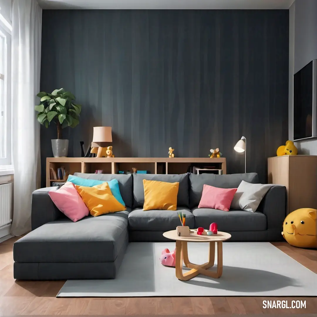 A cozy living room scene featuring a plush couch that invites comfort and relaxation. The ambiance is enhanced by soothing colors, showcasing the fine attributes of CMYK 5,4,73,7 palette for modern living.