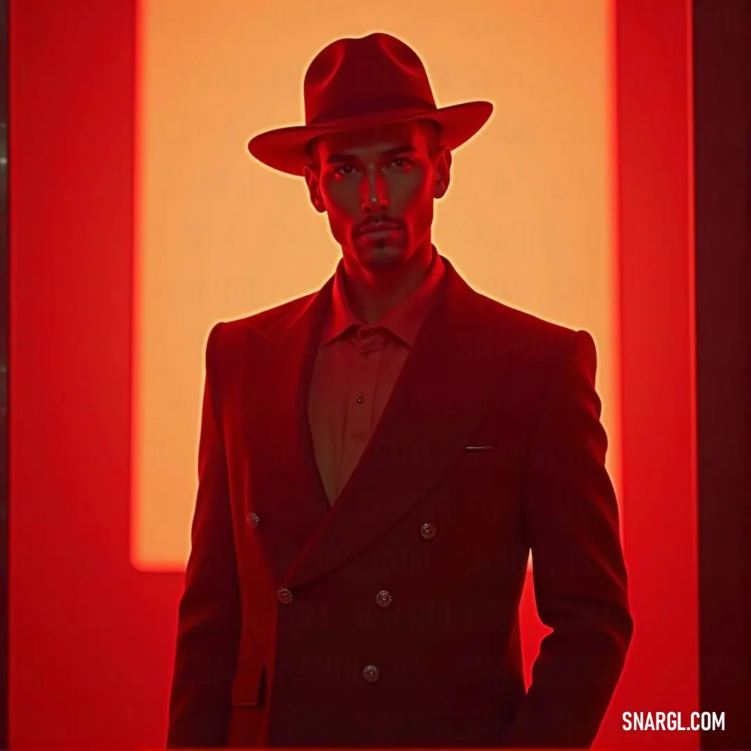 A man in a dapper suit and stylish hat stands confidently before a glowing red light, creating a dramatic silhouette that emphasizes his elegant attire and poised demeanor in this captivating portrayal.