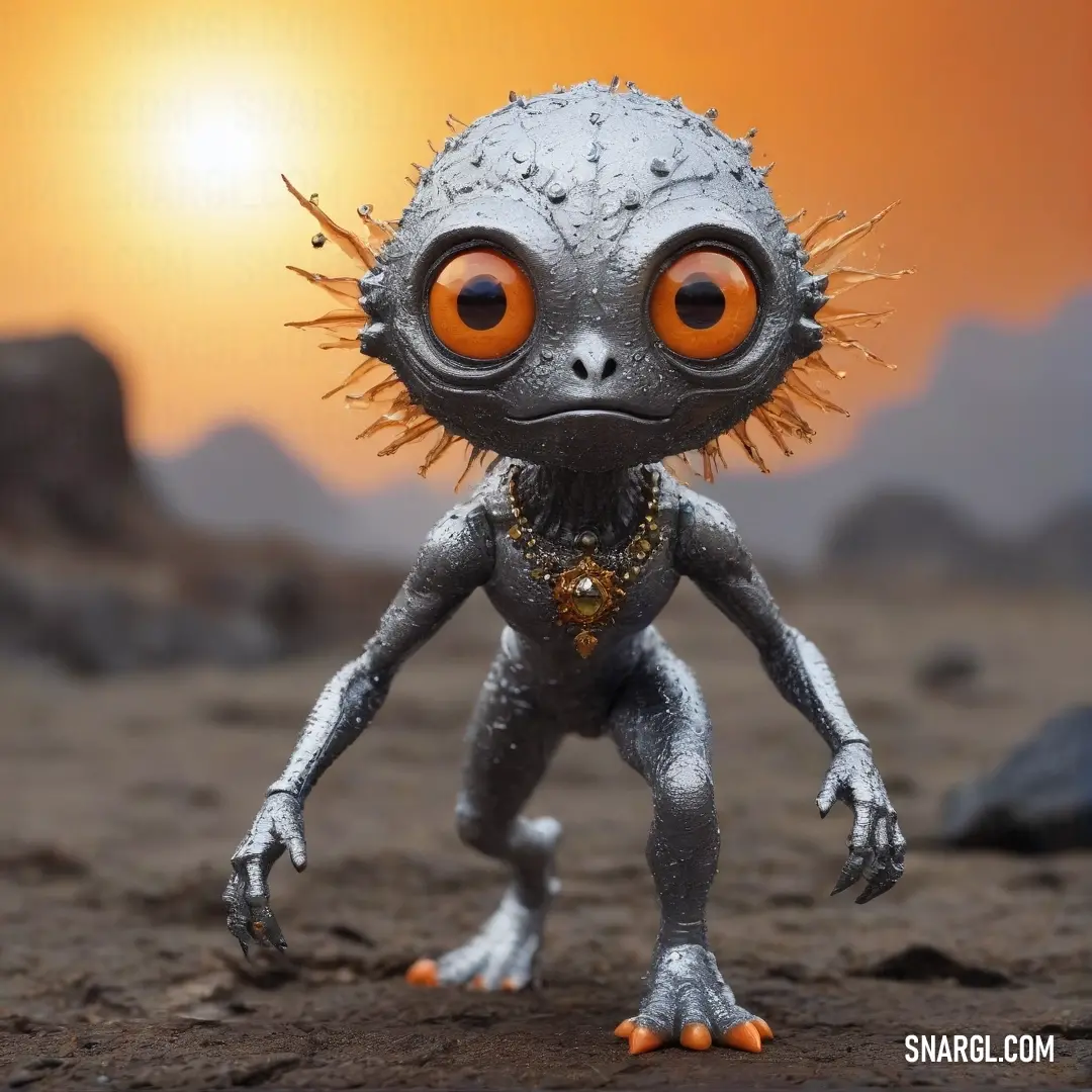 A charming small creature with glistening orange eyes, stands on a dirt path against a breathtaking sunset. The warm colors of the setting sun complement the figure's features, creating a magical ambience filled with warmth and tranquility.