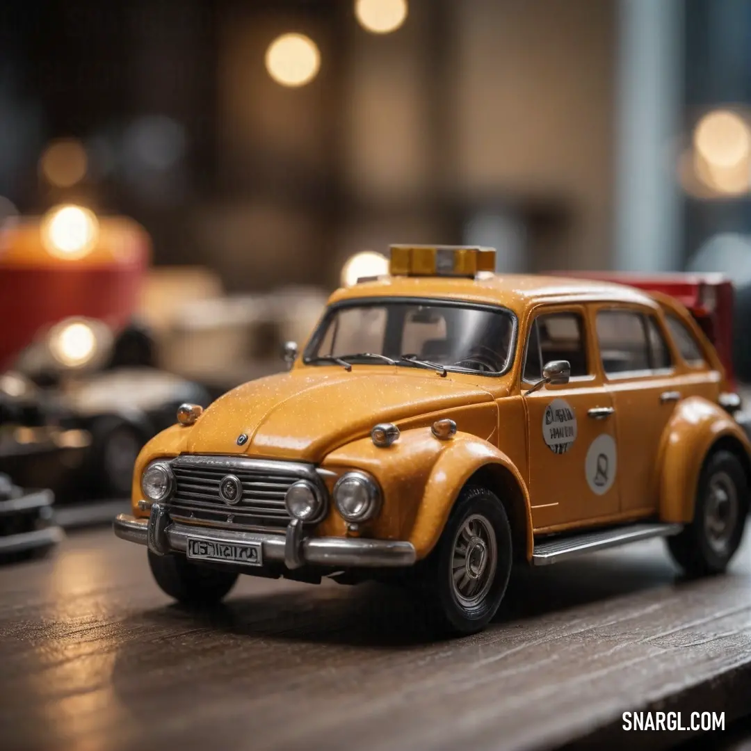 An adorable toy taxi car rests on a table, set against the soft glow of a flickering candle. The subtle colors create a cozy and inviting atmosphere, sparking joy and nostalgia in this setting.