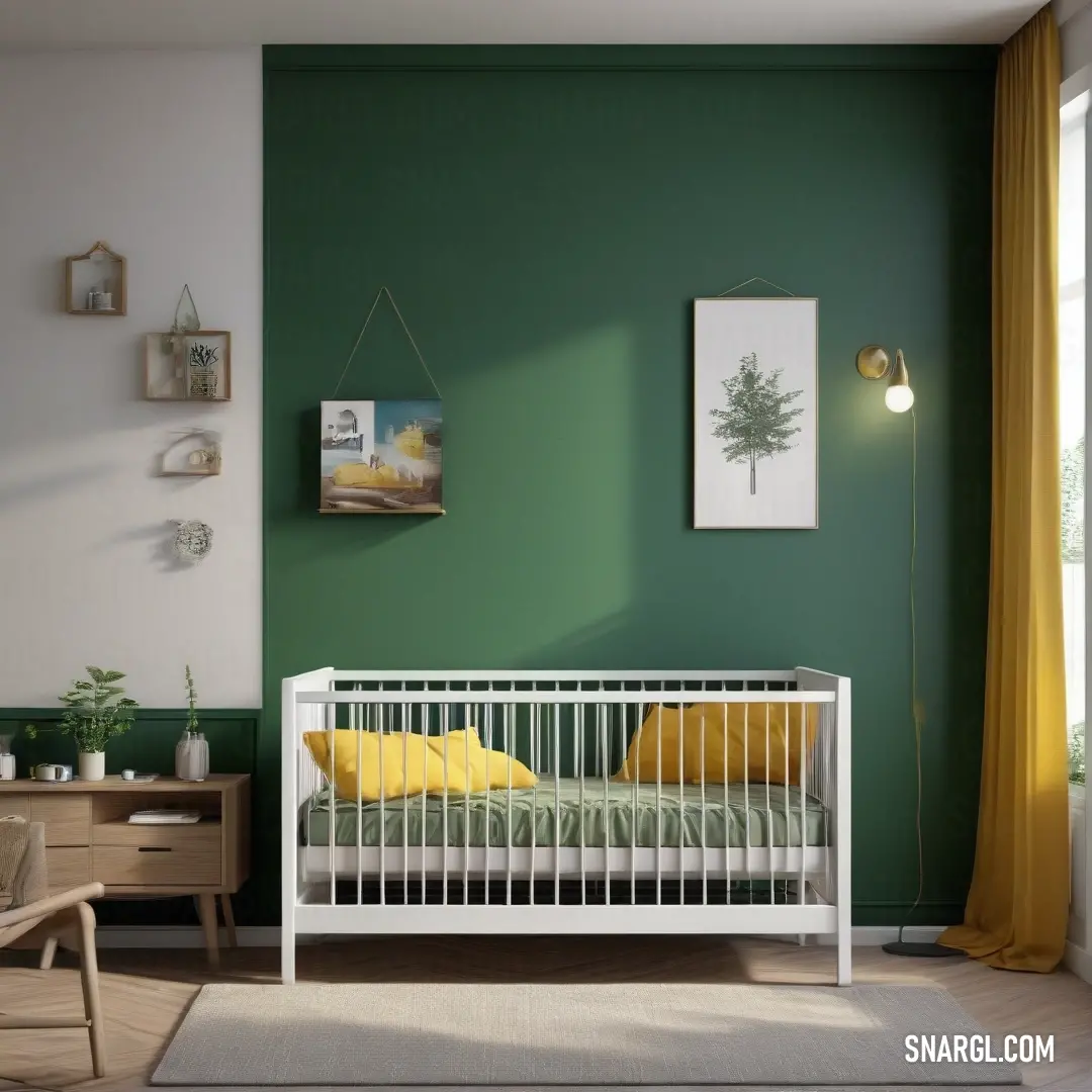 A cozy green nursery featuring a pristine white crib adorned with a soft yellow pillow, creating a tranquil environment for a little one to dream in.