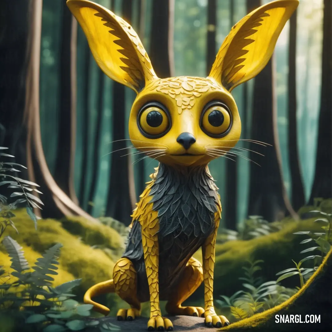 A delightful yellow rabbit frolics playfully in a lush green forest, surrounded by vibrant trees and grass, embodying the cheerful spirit of nature accentuated by the lively PANTONE 458 color.