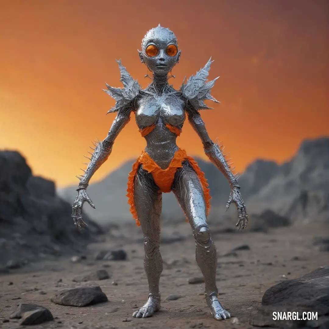 A metallic alien figure adorned with vibrant orange accents stands triumphantly on textured rocky terrain, set against the dramatic hues of a sunset that cast warm light across the scene, creating a surreal atmosphere that evokes a sense of wonder.