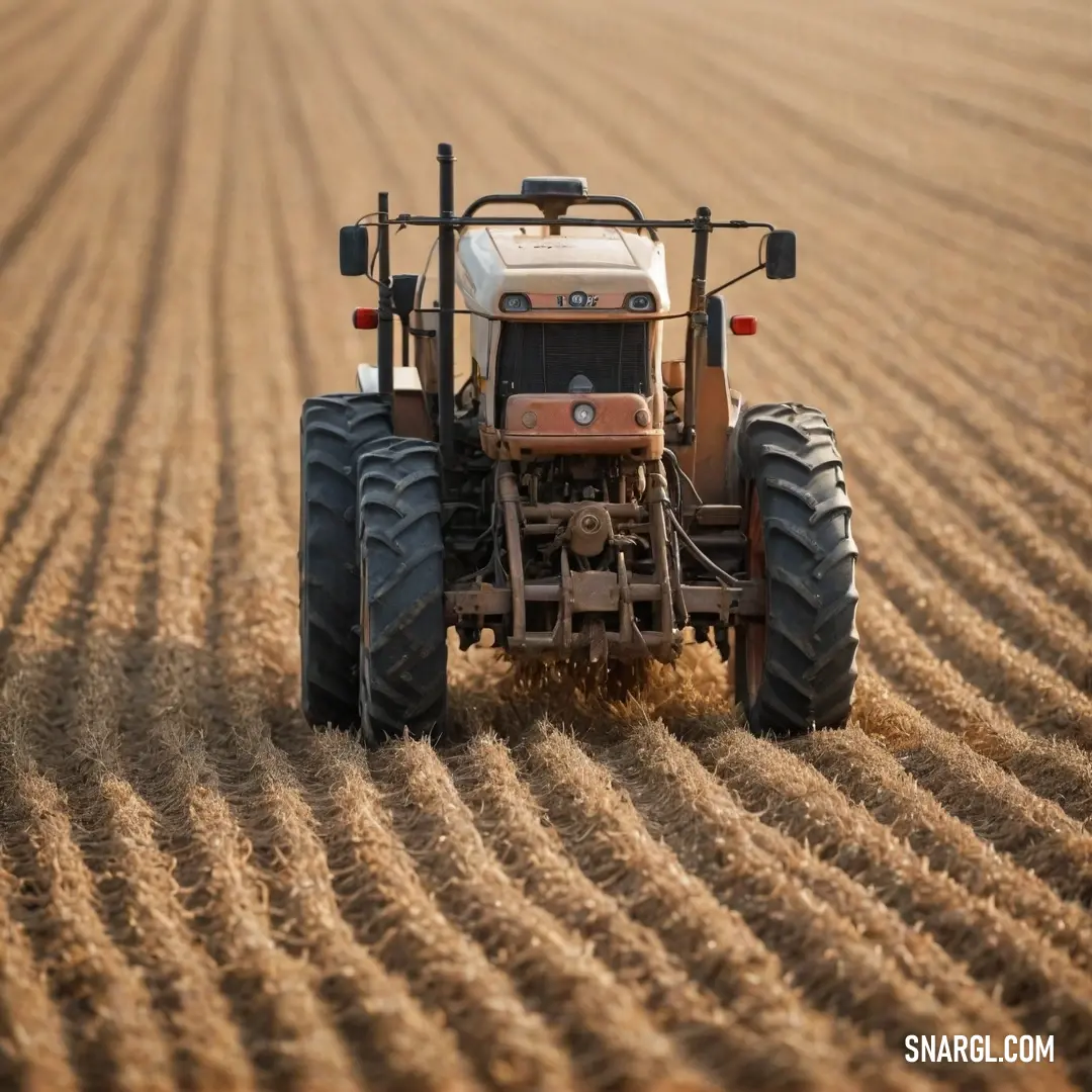 A tractor plows through a golden grain field on a sunlit day, framed by a blue sky that enhances the serene beauty of rural life, illustrating the harmony between machinery and nature.