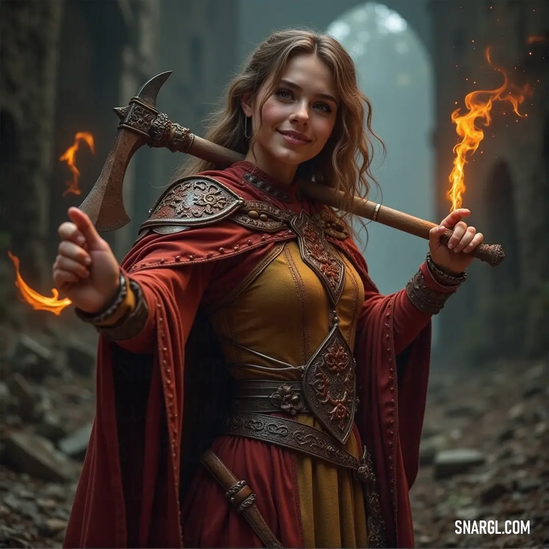 In a stunning display, a woman in a striking red and gold outfit holds both a flaming stick and a fireball, showcasing her bold presence. The colors create a vivid contrast, captivating the viewer's attention.