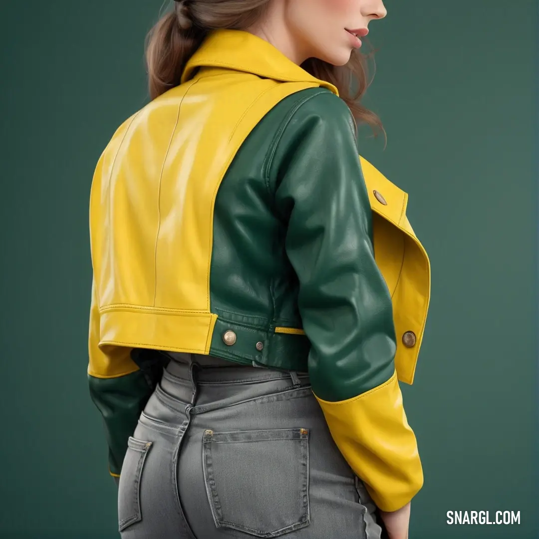 A woman confidently wears a yellow and green jacket, standing with her back to the camera in an outdoor setting, her hair tied back in a ponytail, radiating a sense of adventure and personal style in the open air.