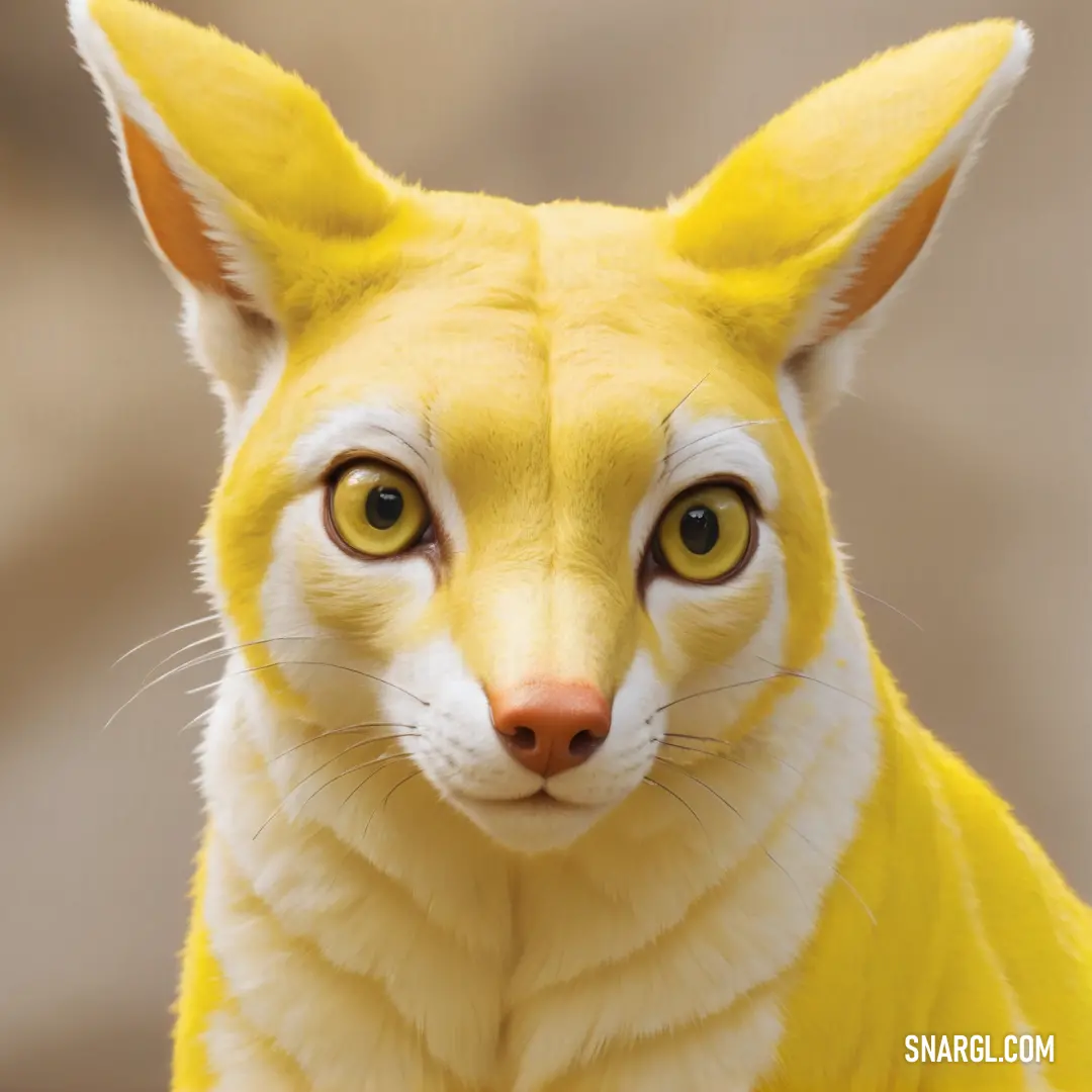 A stunning yellow and white cat with striking yellow eyes lounges gracefully, showcasing its pristine fur and charming personality, beautifully framed in hues of #E0D160.