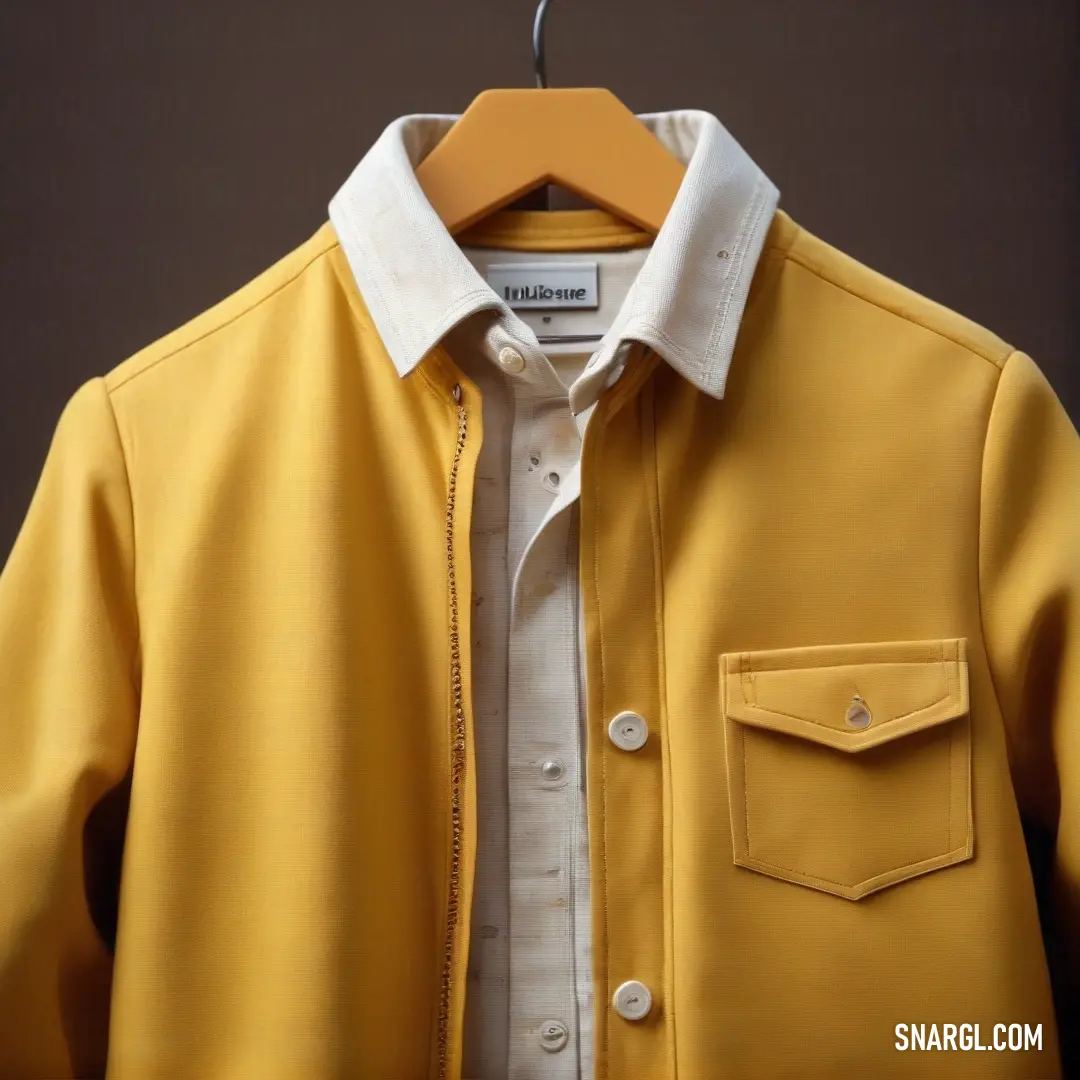 A fresh yellow jacket with a crisp white shirt underneath hangs gracefully on a clothes rack, showcasing a stylish combination against a simple backdrop, inviting viewers to imagine their potential outfits.