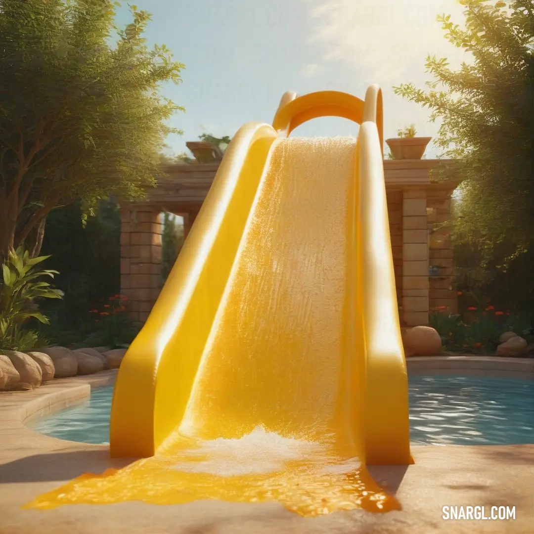 A thrilling yellow water slide in a pool, with water cascading down its side. The vibrant #E0D160 color enhances the lively feel of this image, capturing the excitement and joy of summer fun.