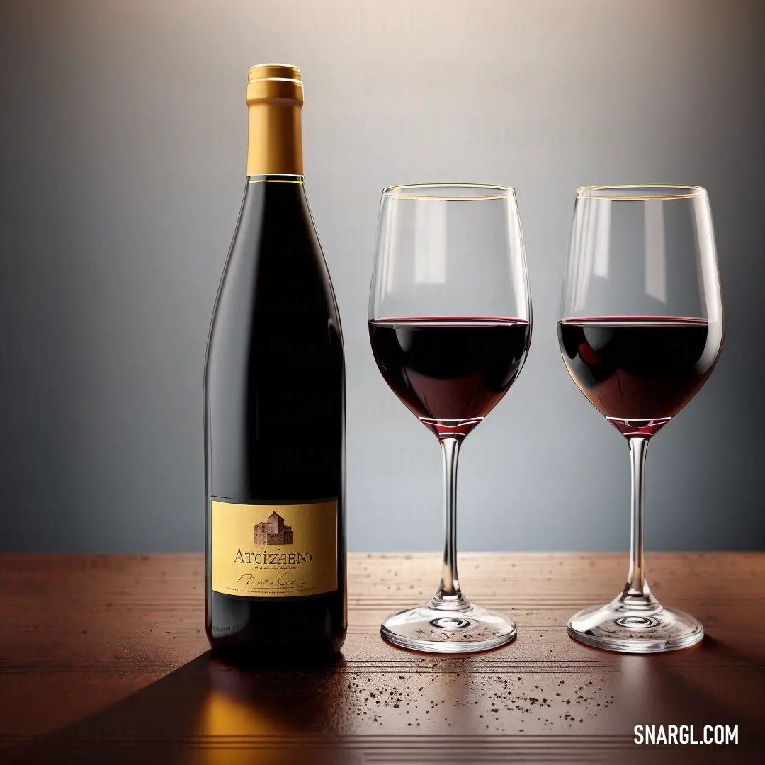 PANTONE 459 color example: Bottle of wine and two glasses of wine on a table with a gray background