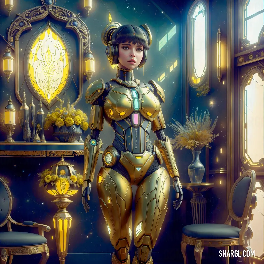 Woman in a futuristic suit standing in a room with a table and chairs and a mirror behind her. Color RGB 228,215,119.