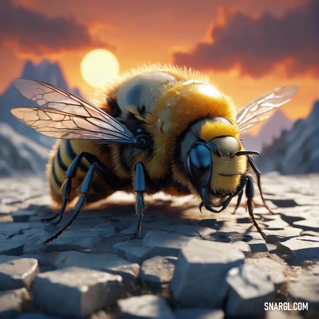 A busy bee rests on a weathered rock, framed against a breathtaking sunset that contrasts with majestic mountains in the distance. The warm colors of dusk create an idyllic backdrop for this small yet vital creature.