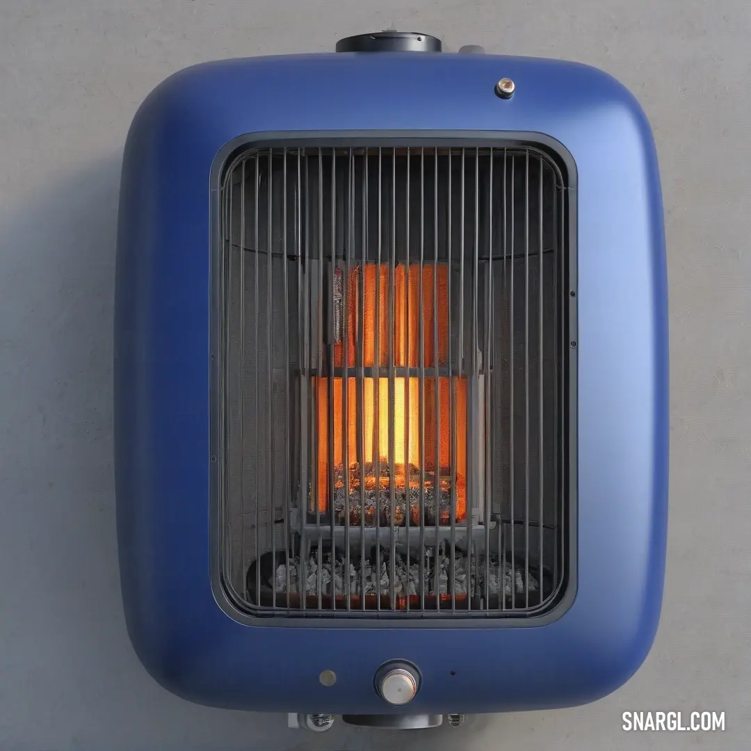 A sleek blue heater mounted on the wall, with a flame burning brightly from its side, creating a warm and cozy atmosphere. The surrounding environment adds to the sense of comfort.