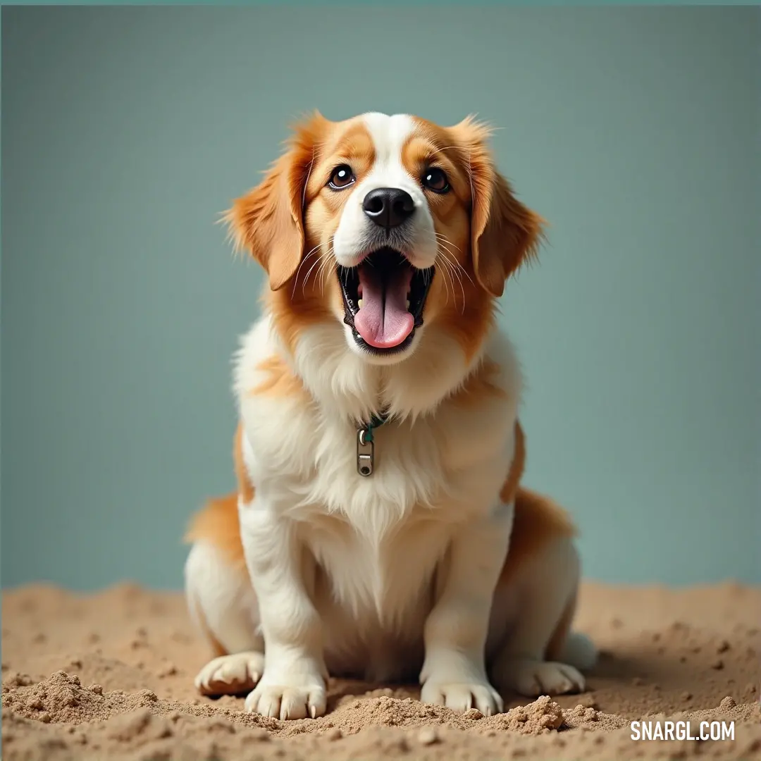 A playful dog, with its mouth wide open and tongue out, happily rolls in the warm sand, embodying the carefree spirit of joy as it enjoys the beach atmosphere, captured against a backdrop that radiates warmth and happiness.