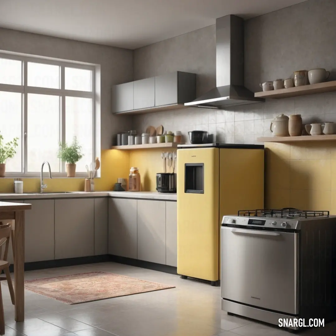 A cozy kitchen featuring a cheerful yellow refrigerator and a stove top oven, complemented by a table with matching chairs and a rug that brings warmth to the space. The vibrant yellow tones make the space feel inviting.