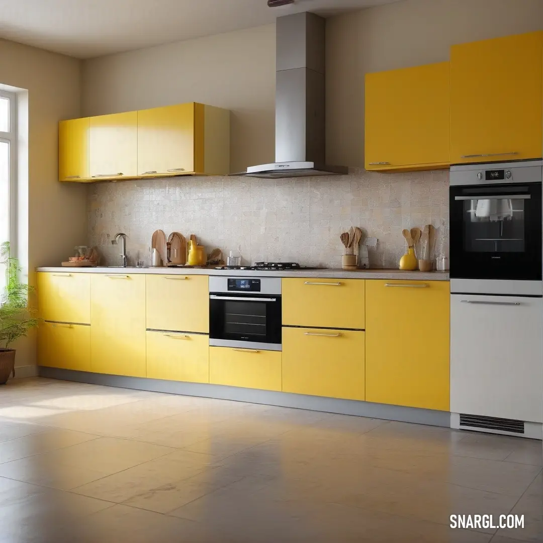 A kitchen adorned with yellow cabinets, a stove top oven, and a potted plant visible through a window, creating a bright and airy ambiance. The soft yellow hues brighten the room with a cheerful glow.