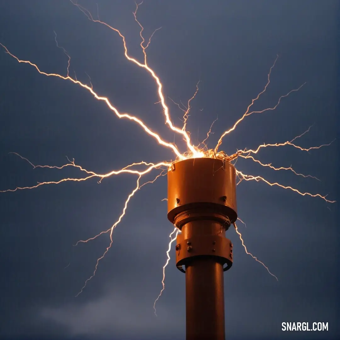 Intense view of a lightning bolt striking a towering light pole amidst a dark and moody skyline, illuminating the night with raw energy while the surrounding silhouette of city structures adds depth to the scene.