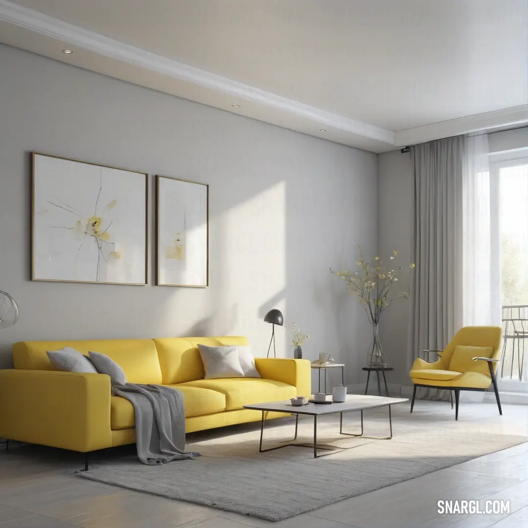 A stylish living room invites you to relax, featuring a cheerful yellow couch complemented by two chic chairs and a beautiful table adorned with a vase. Natural light filters in through the window, enhancing the inviting atmosphere.