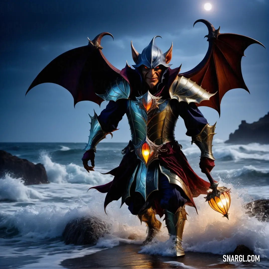 A man dressed in an elaborate costume stands on a beach at twilight, holding a glowing light, while a fantastical dragon-like head looms behind him. The scene combines mystery and fantasy, with the colors of the beach and sky enhancing the surreal atmosph