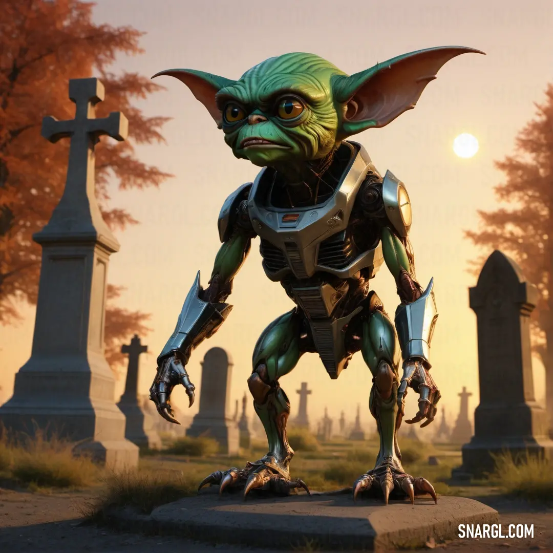 A cartoon character stands in front of a spooky cemetery, with a looming cross in the background. The eerie atmosphere is balanced by the light hues surrounding the character, creating a whimsical yet haunting scene.