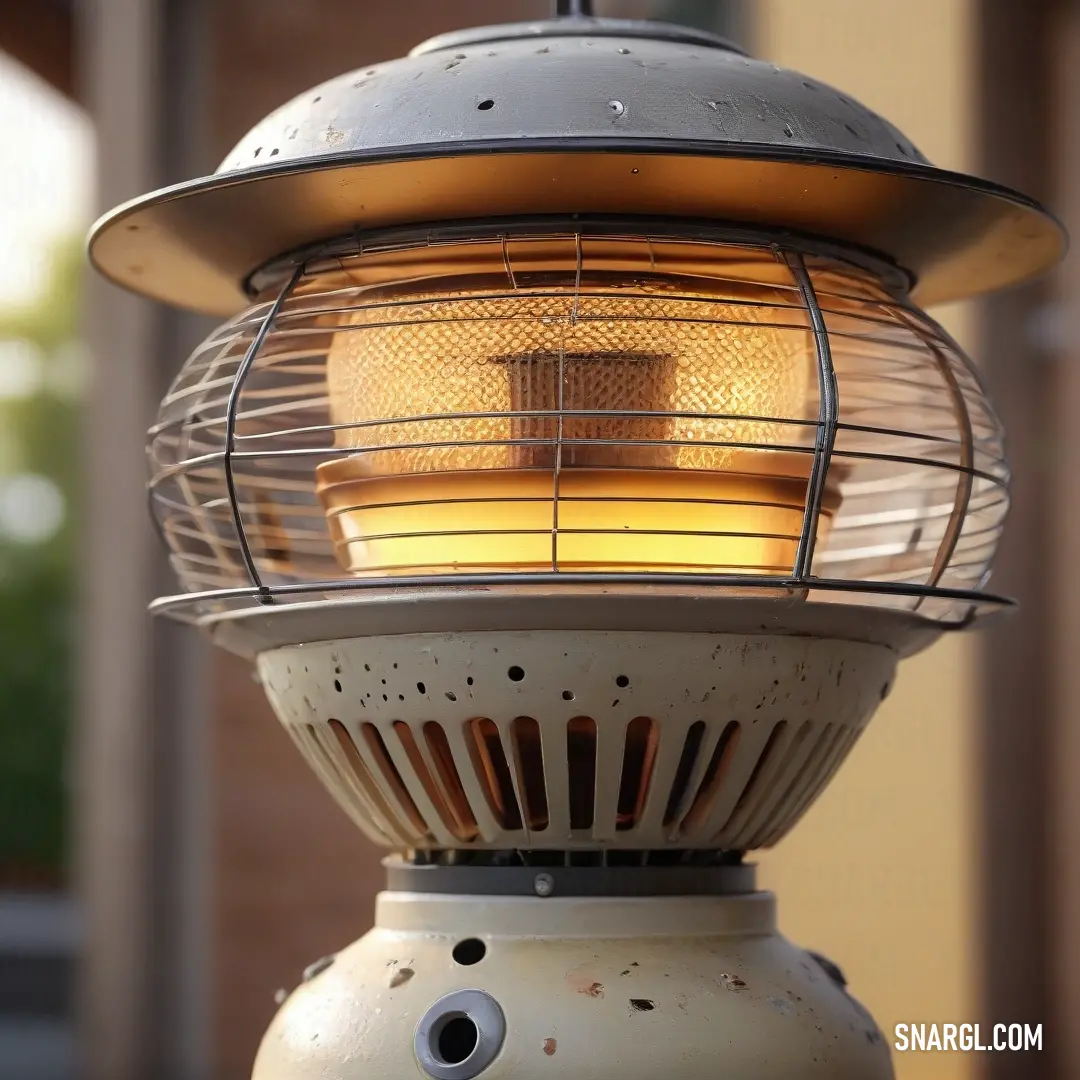 A close-up of a fire hydrant featuring a light mounted on its side, with a building looming in the background. The bright color contrasts against the urban setting.