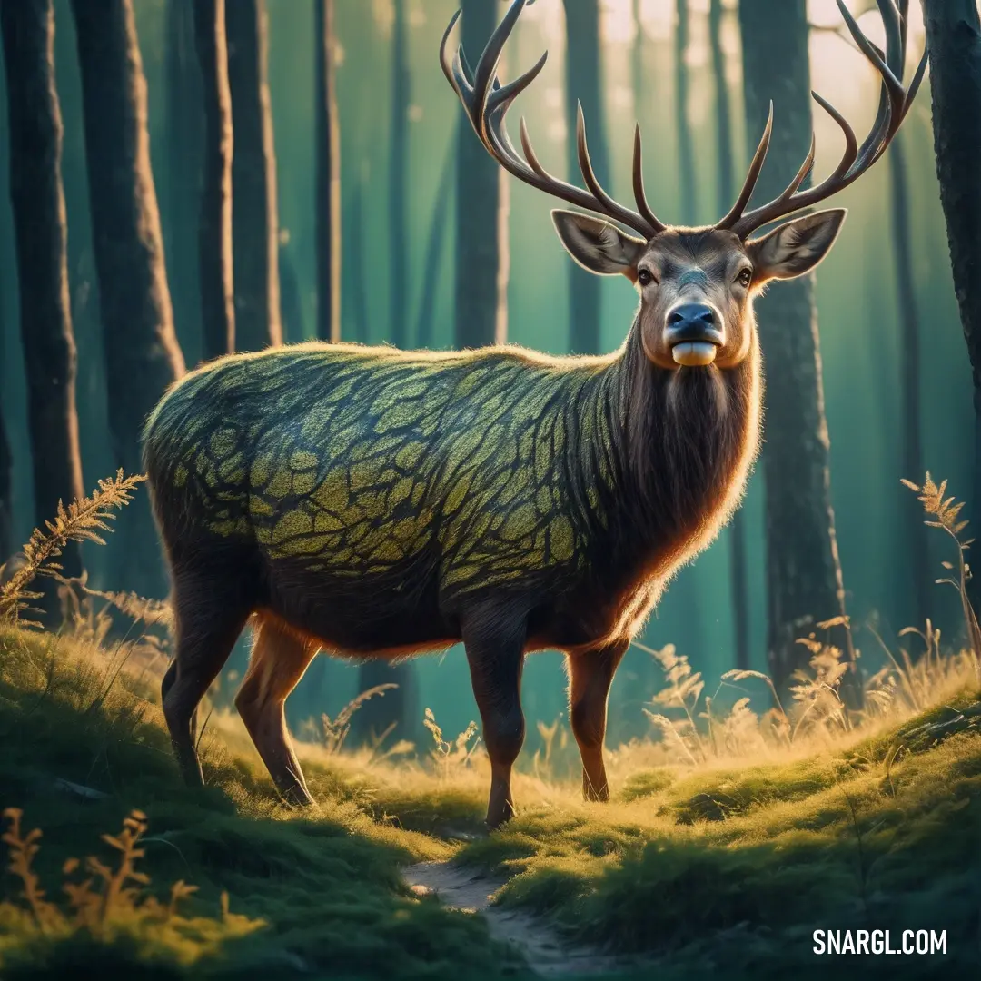 A magnificent deer with grand antlers stands gracefully in a lush forest. Tall grass sways gently around it as sunlight filters through the trees, showcasing its elegant silhouette against a backdrop awash with the vibrant RGB 237,223,140 palette.