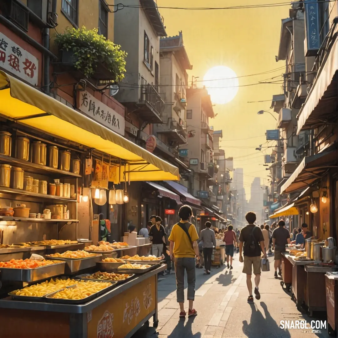 A lively street scene unfolds, where a diverse group of people strolls by an enticing market brimming with colorful food displays. The energy of the crowd and aromas of fresh produce create a vibrant atmosphere.