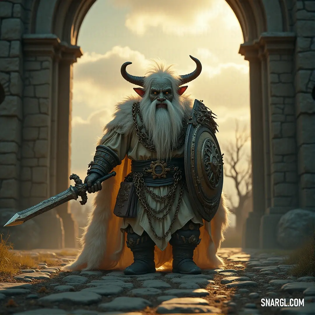 A fierce warrior with horned features and a long beard stands proudly before an ancient stone archway, wielding a sword and shield, ready for adventure. The soft golden hues of PANTONE 460 cast a warm glow on his determined expression.