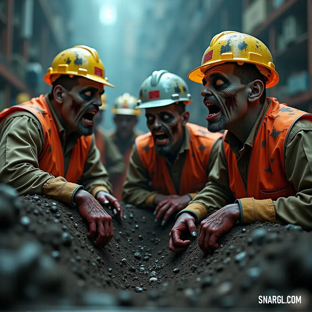 A dramatic scene unfolds with three men donned in hard hats and bright orange vests, standing in a coal pit. One of them dramatically exclaims towards the camera, capturing a moment of intensity in an industrious environment rich with texture and grit.