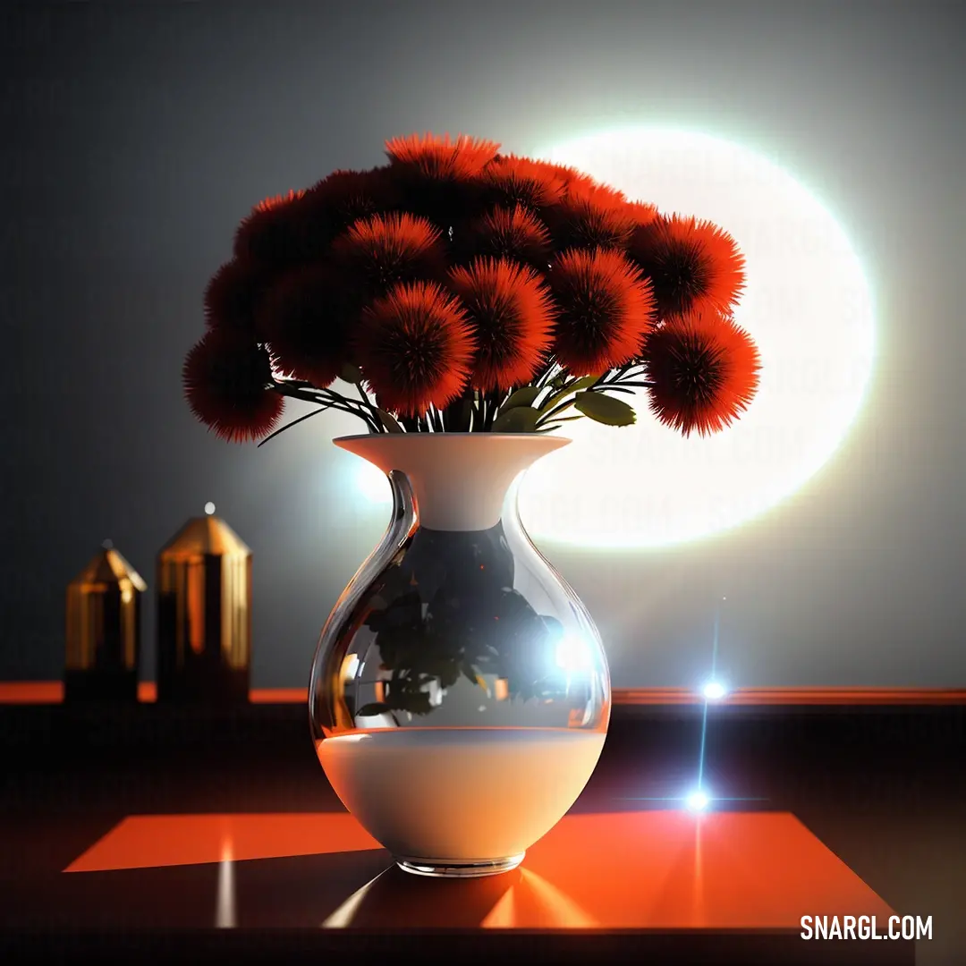 A vase filled with vibrant red flowers sits on a table, with soft sunlight streaming through the background, casting a warm glow. A candle rests in the center of the table, adding a peaceful, serene touch to the cozy setting.