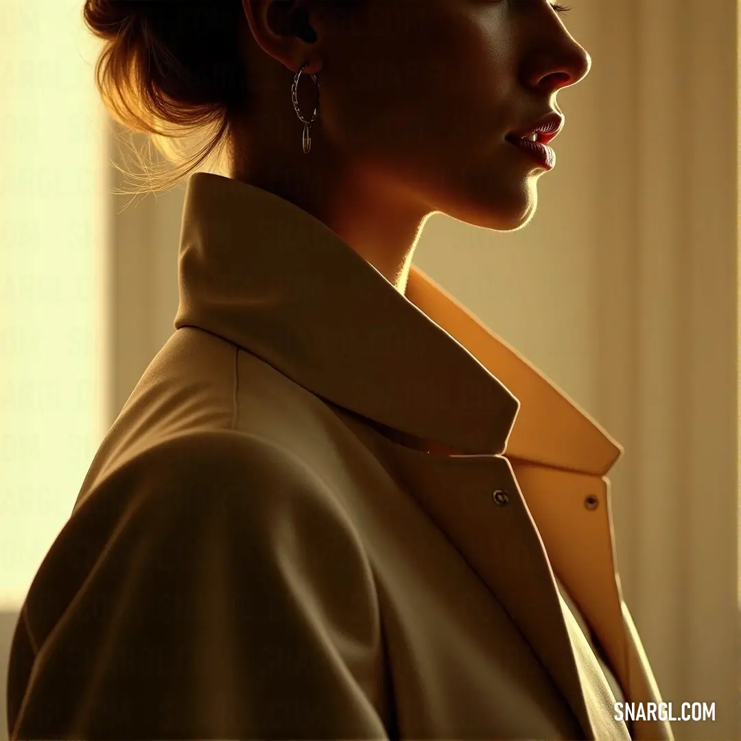 A woman dressed in a stylish beige coat stands poised, gazing thoughtfully into the distance, as warm light cascades upon her, accompanied by the gentle undertones of PANTONE 460 that reinforce the moment's solitude.