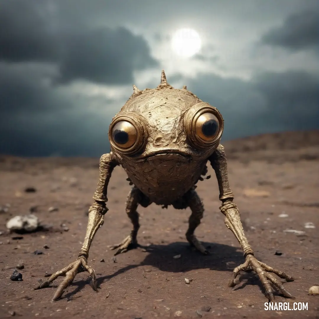 A whimsical frog with oversized eyes rests on a patch of dirt, surrounded by soft evening clouds. Its vibrant green skin sparkles under a muted sky, accented by the gentle shade of #EDDF8C, evoking a sense of nature's playful charm.