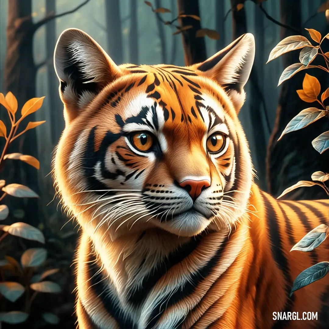 A majestic tiger in the heart of the forest stands proud, adorned with vibrant leaves around its neck. Its piercing eyes, wide open and alert, reflect a world of wonder amidst a rich background saturated with the warmth of PANTONE 460 colors.