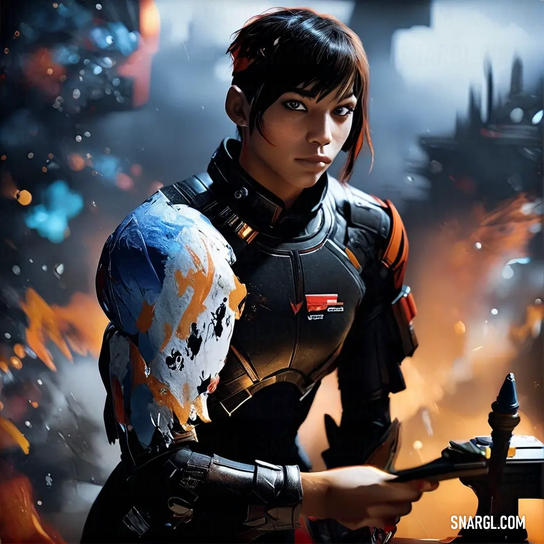 A striking woman clad in a sleek, futuristic suit grasps both a gun and a paintbrush, showcasing her artistic prowess. Set against a dark, moody background, the colors shine through vibrantly, evoking a sense of duality and innovation.