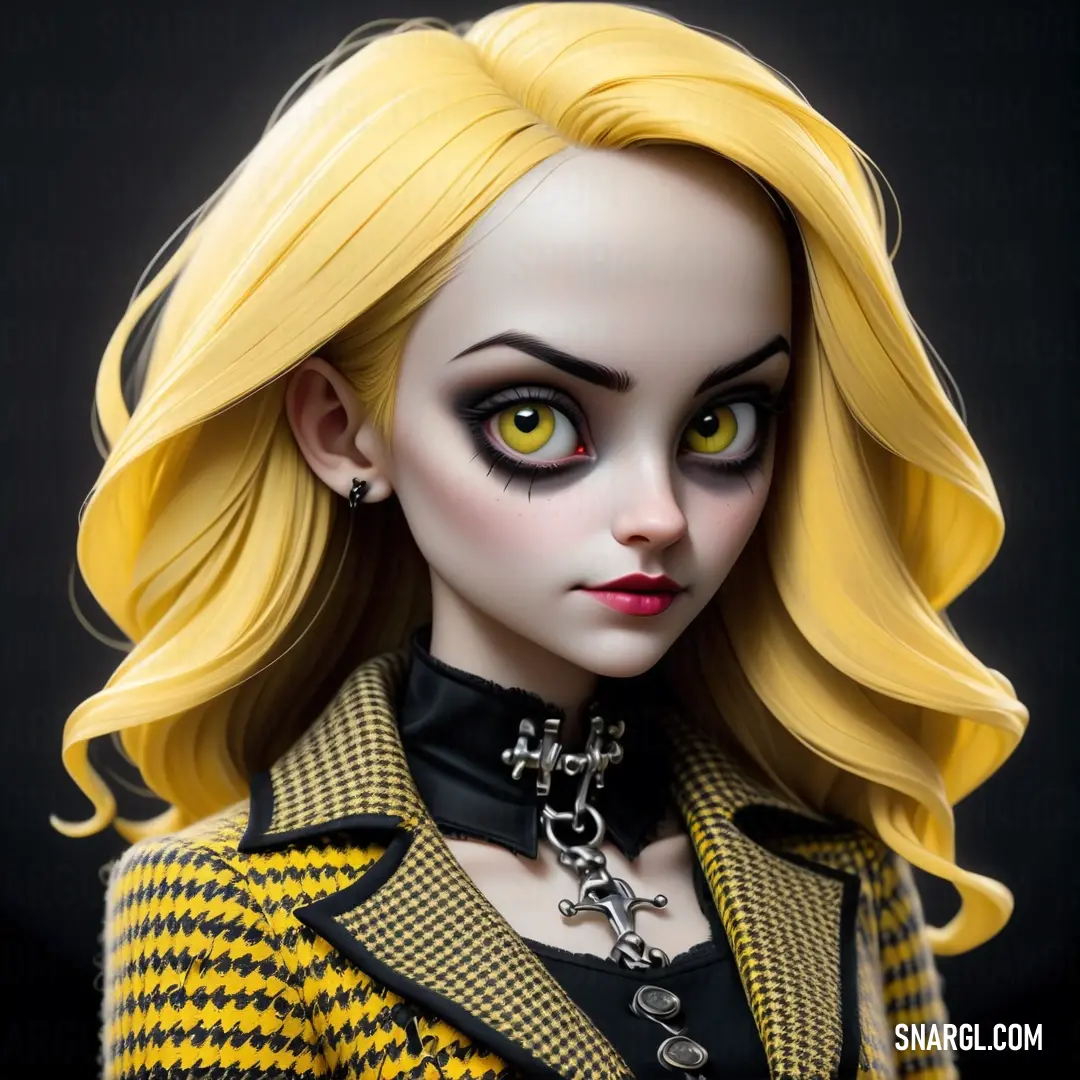 Doll with yellow hair and black eyes wearing a yellow and black outfit and a black collar and necklace. Example of #EFE49E color.