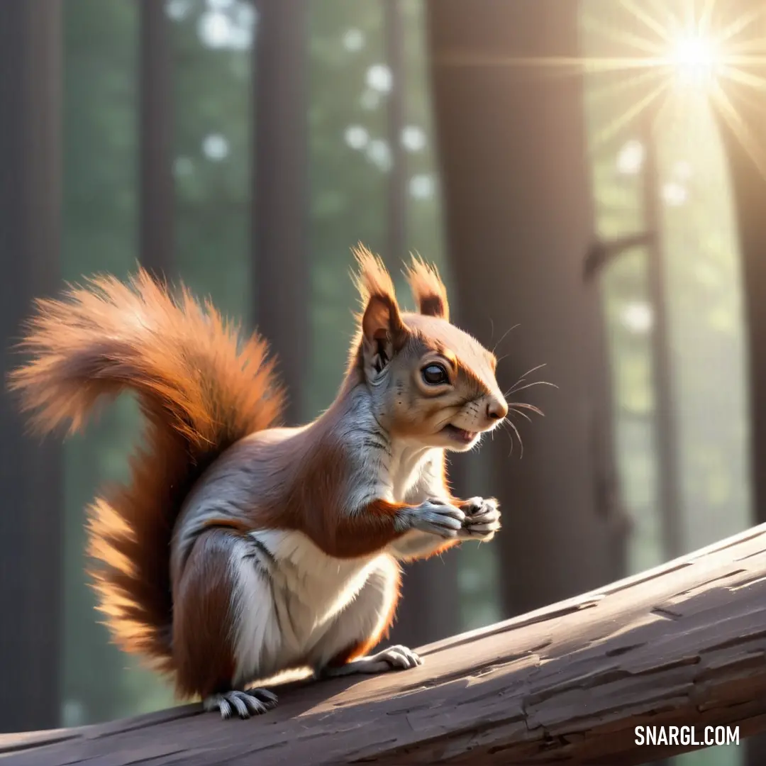 Squirrel is standing on a log in the woods and looking at the camera with a surprised look on its face. Example of RGB 85,59,48 color.