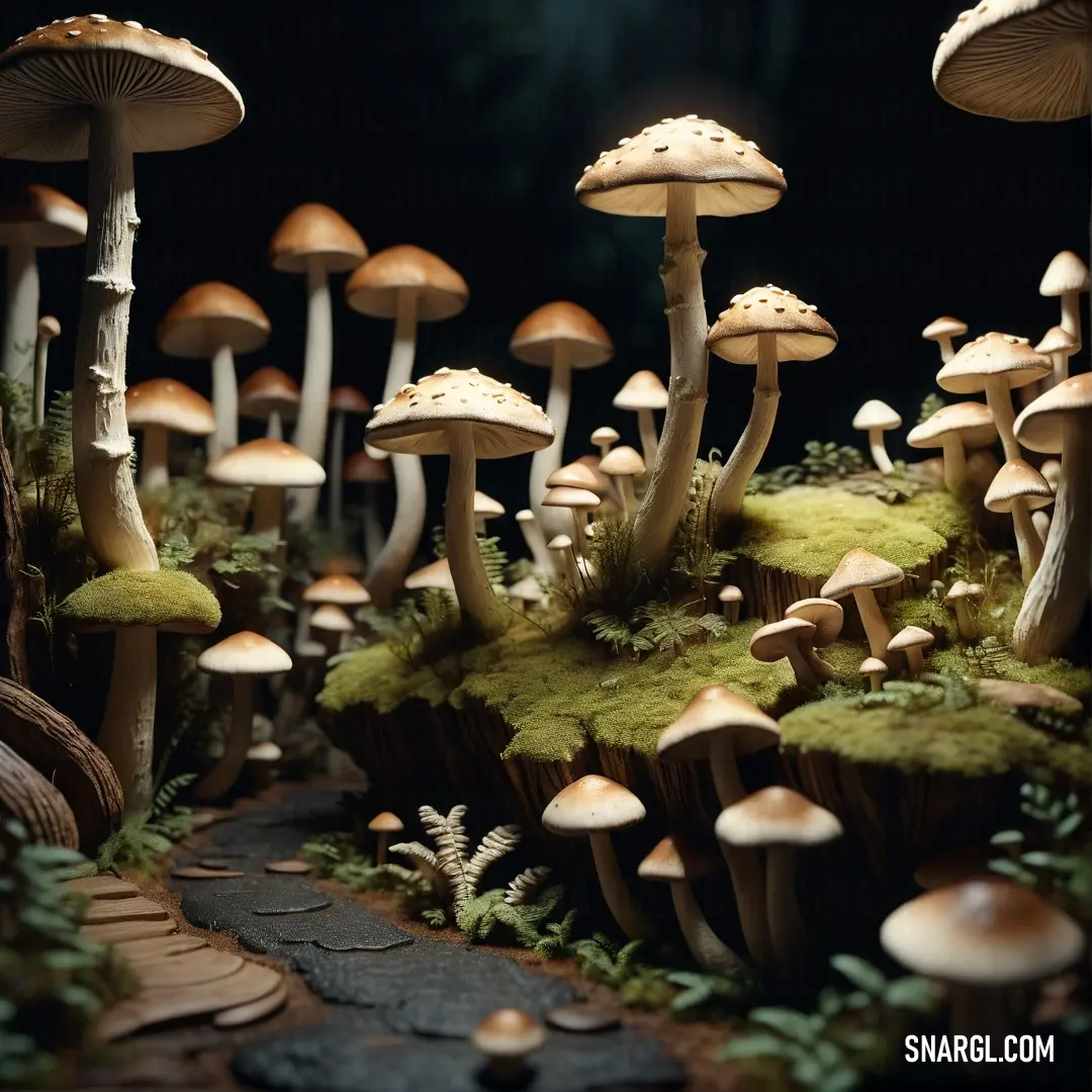 PANTONE 463 color. Group of mushrooms on a table together in the dark night time