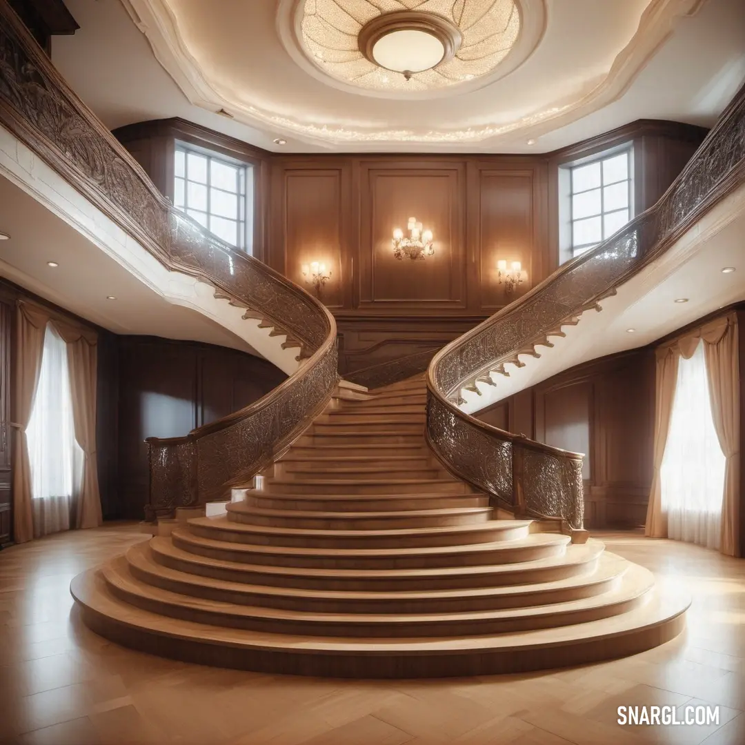 Large staircase in a large room with a chandelier and chandelier lights on the ceiling. Example of PANTONE 463 color.