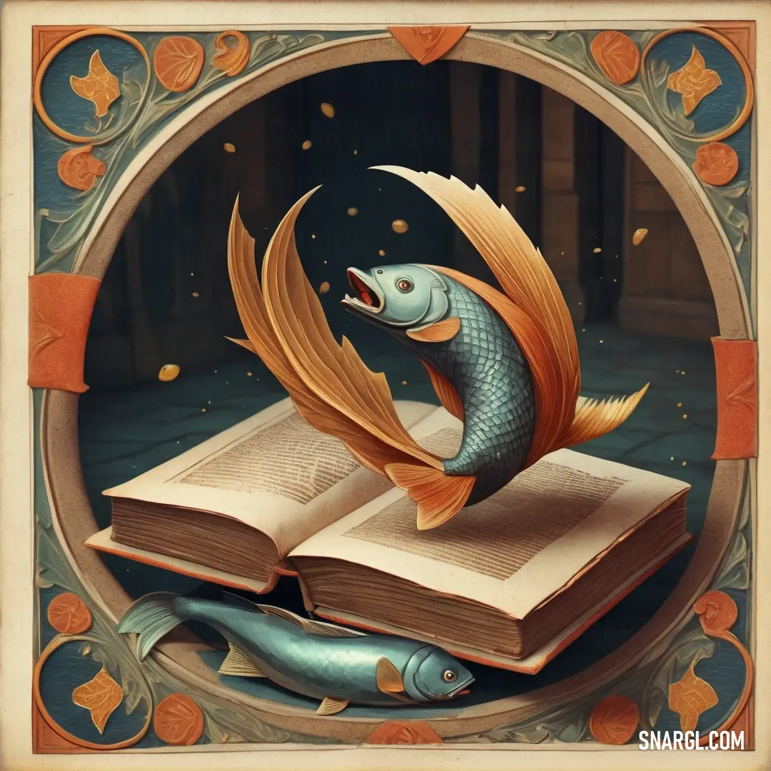 RGB 158,109,68 example: Fish is swimming out of a book