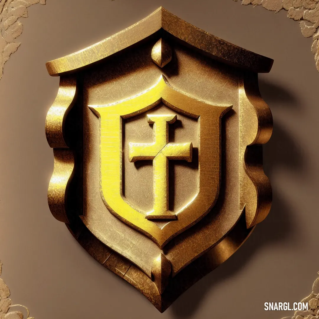Gold shield with a cross on it on a wall with a lace border around it and a gold background. Color #916224.