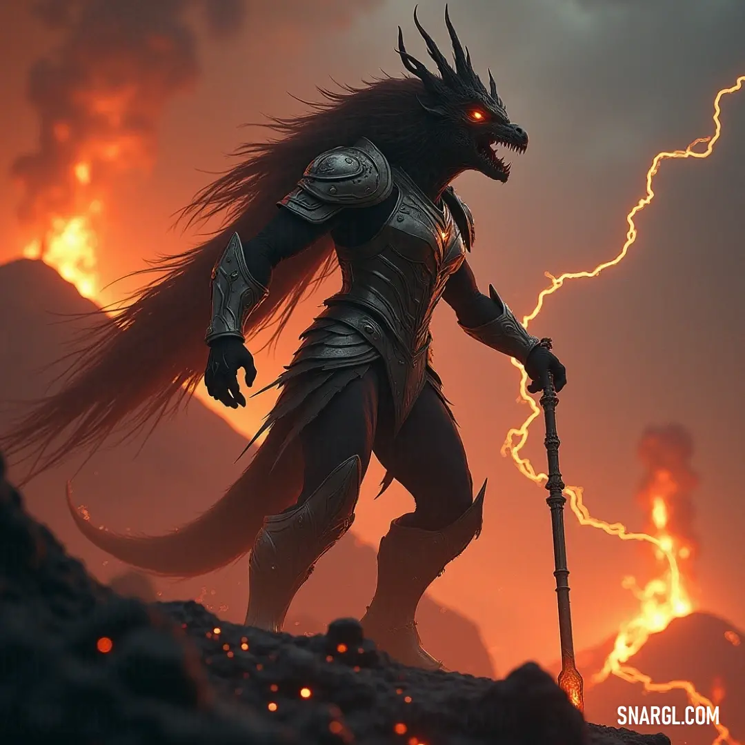 A menacing demonic creature brandishes a formidable staff atop a hill, with a dramatic lightning bolt lighting up the sky behind it. The stormy ambiance heightens the sense of power and fear that radiates from this intense scene.