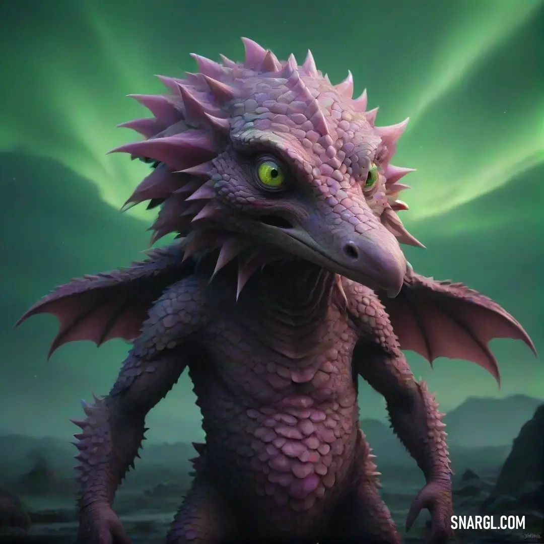 A magnificent dragon with striking green eyes and a flowing purple body hovers gracefully in a mystical setting. Glowing green light illuminates the vibrant sky, enhancing the fantastical aura of this creature against the backdrop of CMYK 11,46,64 colors.