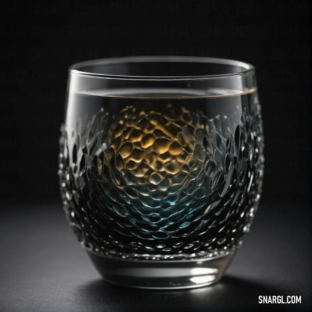 An exquisitely designed glass vessel featuring an intricate gold and blue motif rests against a black backdrop. The elegance of the glass is accentuated, showcasing the craftsmanship and artistry of the design in a striking visual contrast.