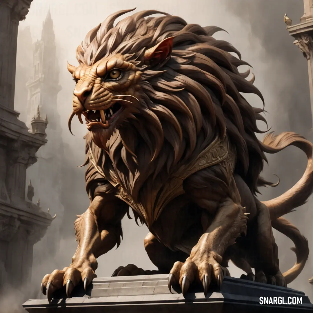 PANTONE 4645 color example: Lion statue on a pedestal in front of a castle with smoke pouring out of it's mouth