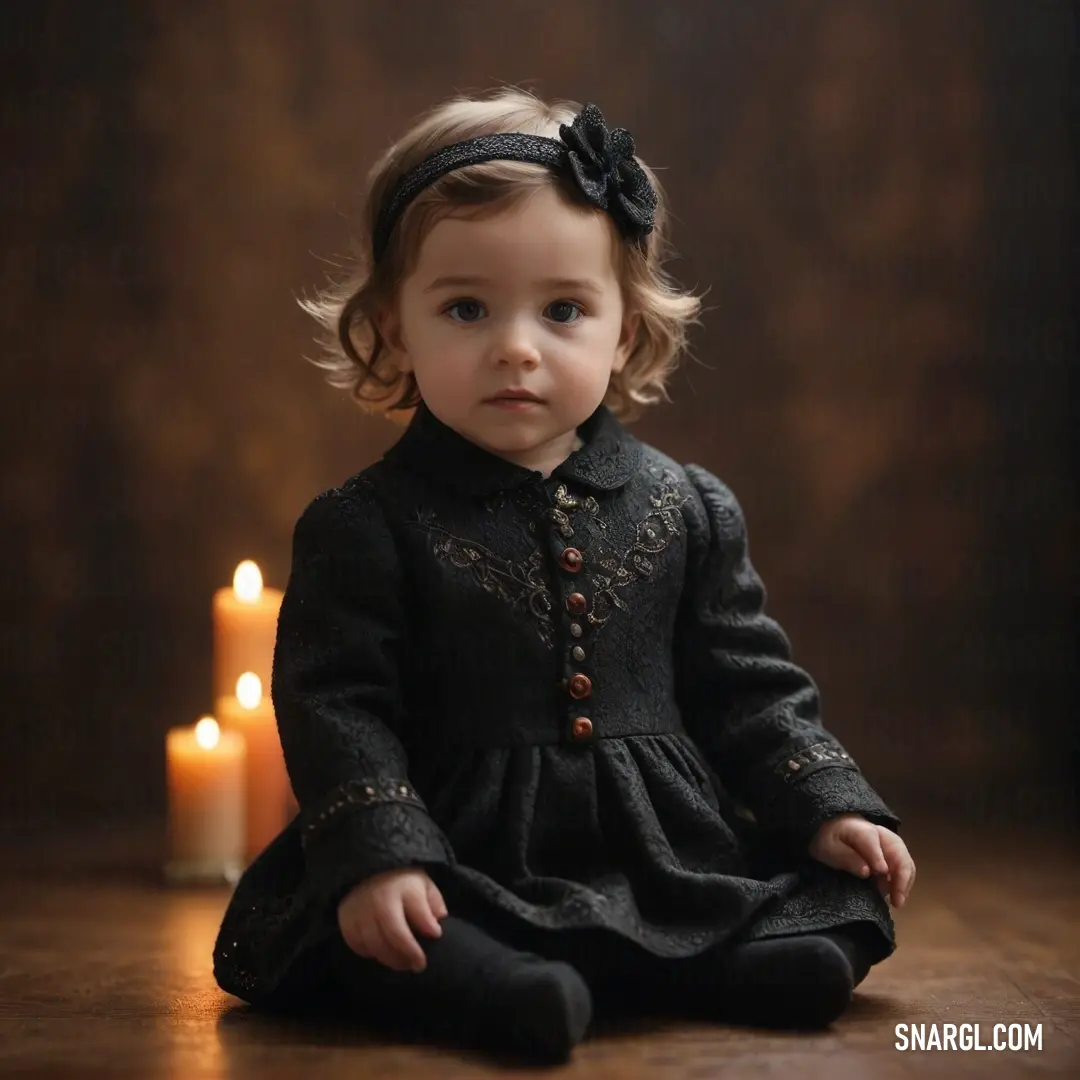 A whimsical little girl is playfully positioned on a table surrounded by flickering candles that cast a warm glow. The enchanting scene captures a moment of innocence and curiosity amidst a gentle, inviting atmosphere.