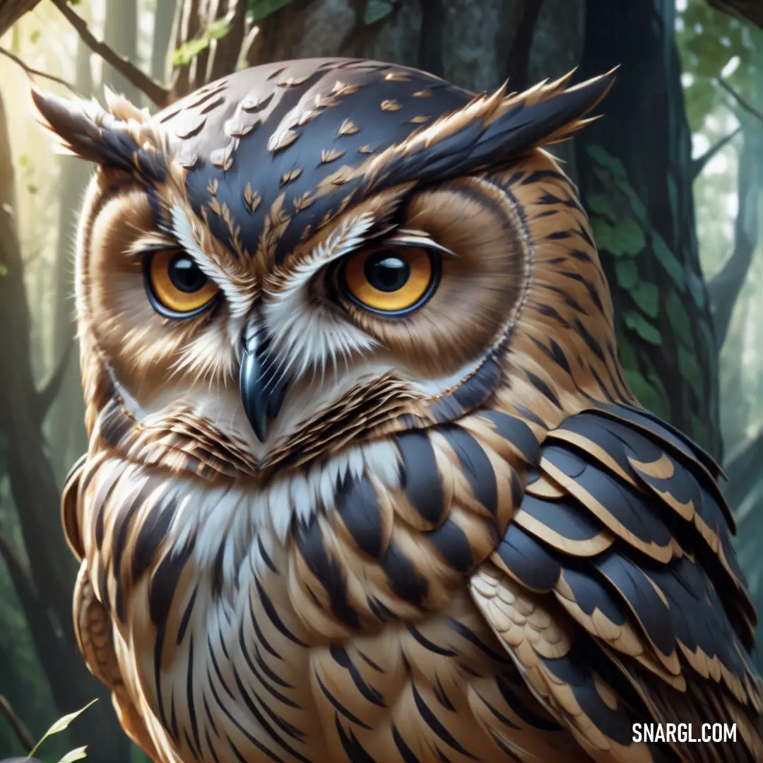 Painting of an owl in a forest with trees in the background. Color RGB 175,134,97.