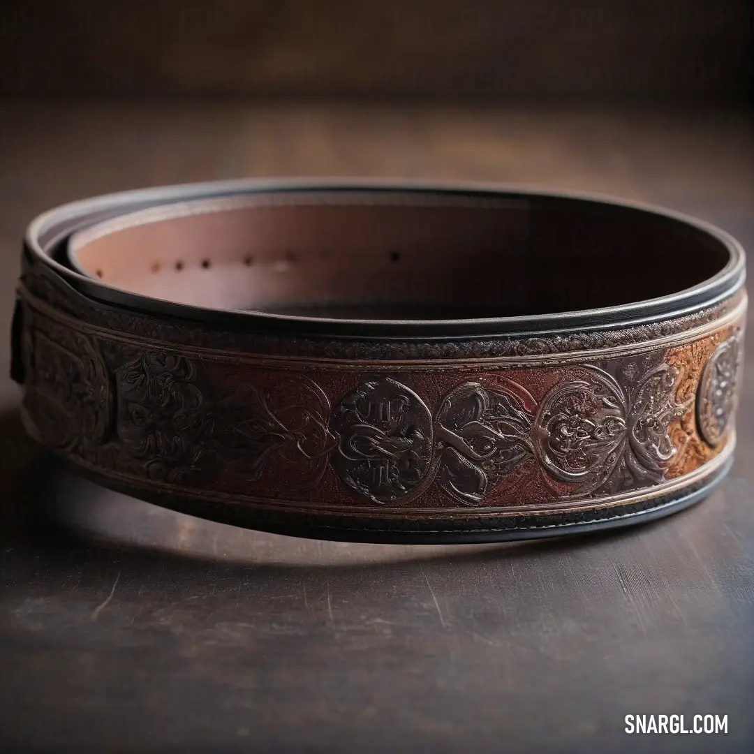 A beautifully crafted belt adorned with an intricate flower design rests elegantly on a table against a striking black backdrop. The warm tones of color #AF8661 accentuate its artisanal craftsmanship, embodying a blend of style and grace.