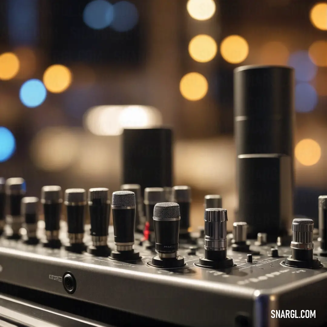 An intimate close-up reveals a meticulously designed soundboard filled with an array of knobs and sliders, set against a softly blurred backdrop, showcasing nuances of the PANTONE 4645 color scheme in a captivating way.